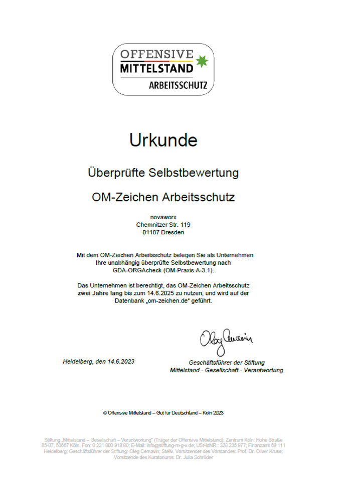 Urkunde Offensive Mittelstand Urkunde der Offensive Mittelstand an novaworx für Arbeitsschutz